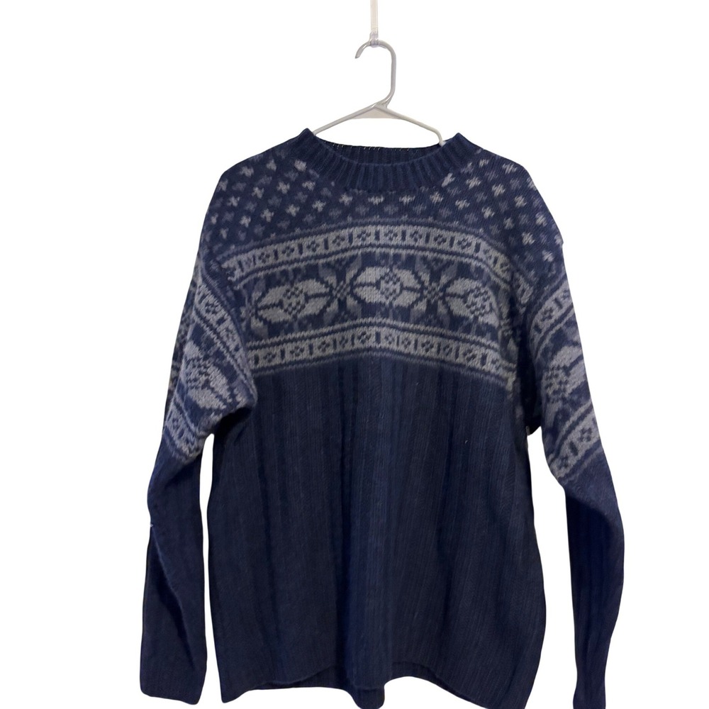 Jeffrey Banks Mens Navy Blue 100% Shetland Wool Hand Knit Fair Isle‎ Sweater M